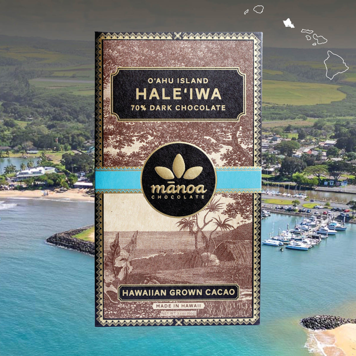Image of haleiwa chocolate package with ocean and mountains in the background