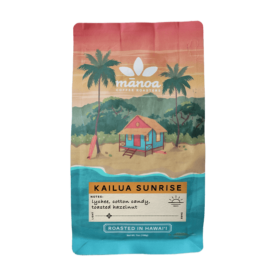 Manoa Coffee Roasters Kailua Sunrise coffee bag with tropical design