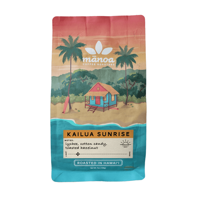 Manoa Coffee Roasters Kailua Sunrise coffee bag with tropical design
