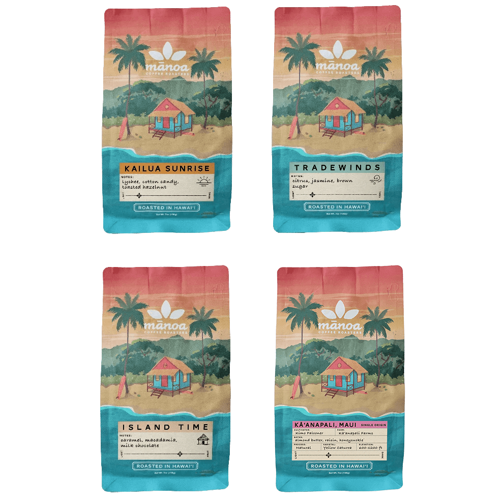 image showing Four packages of Manoa Coffee: kailua sunrise, tradewinds, island time, and maui