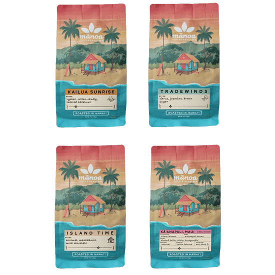 image showing Four packages of Manoa Coffee: kailua sunrise, tradewinds, island time, and maui
