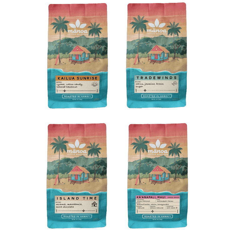 image showing Four packages of Manoa Coffee: kailua sunrise, tradewinds, island time, and maui