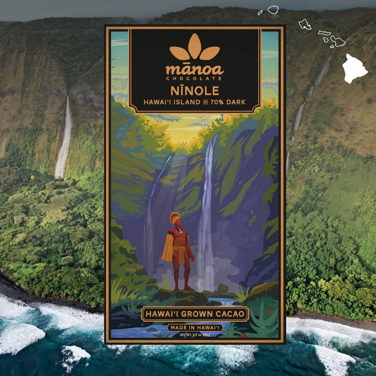 Image of Ninole bar package featuring King Kamehameha and Hiʻilawe waterfall, with cliffs and ocean in the background