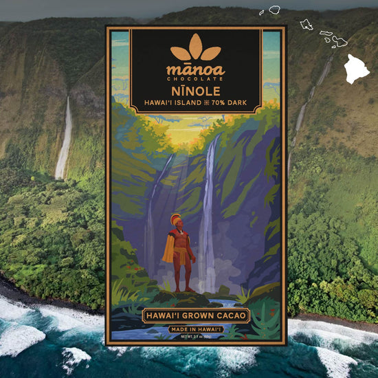 Image of Ninole bar package featuring King Kamehameha and Hiʻilawe waterfall, with cliffs and ocean in the background