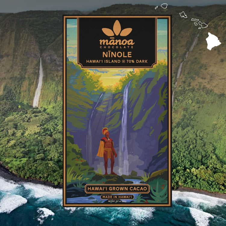 Image of Ninole bar package featuring King Kamehameha and Hiʻilawe waterfall, with cliffs and ocean in the background